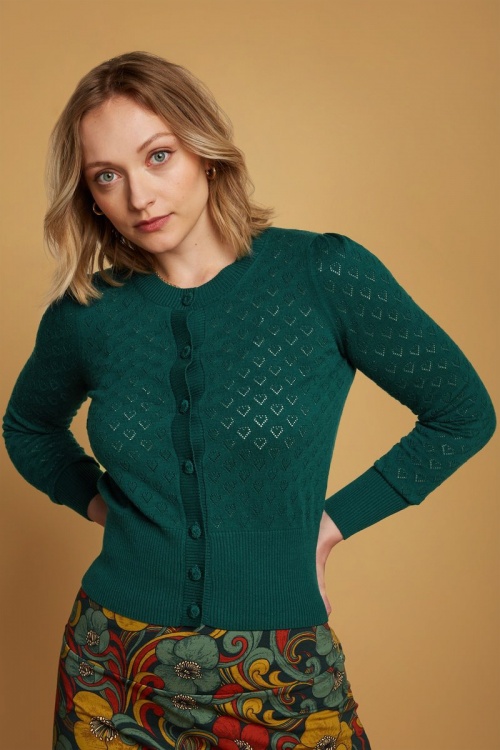 King Louie - 40s Heart Ajour Puff Cardigan in Dragonfly Green 2