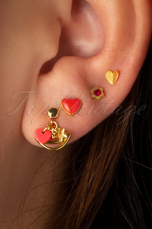 LULU Copenhagen - Love U 1 Piece Gold Plated Earring en Rouge 3