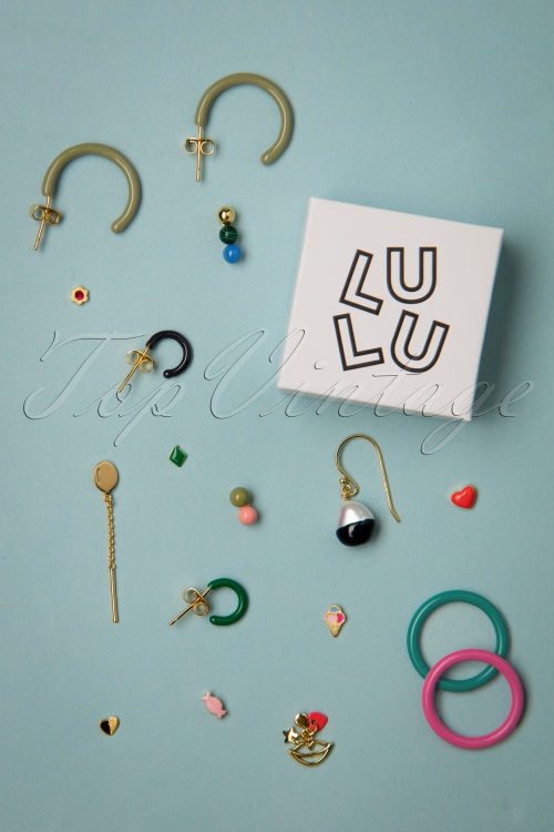 LULU Copenhagen - Double Colour Ball 1 Piece Gold Plated Earring en Vert et Corail 5