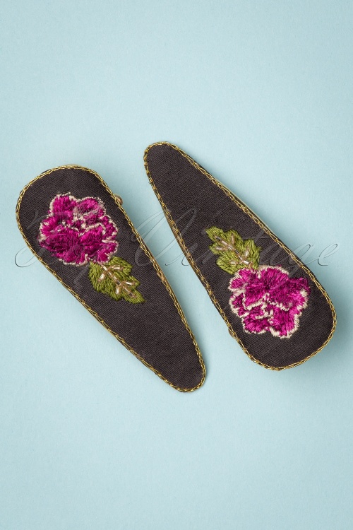 Powder - Embroidered Hairclips in Charcoal