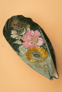 Powder - Folk Art Embroidered Velvet Hairband in Green