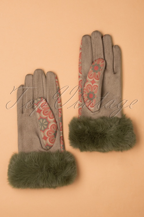 Powder - Bernadette Floral Faux Fur Suedine Gloves Années 70 en Olive 3