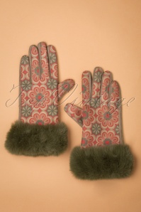 Powder - Bernadette bloemen suèdine imitatiebont handschoenen in olijfgroen 2