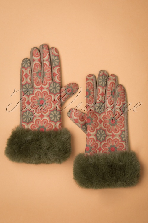 Powder - Bernadette Floral Faux Fur Suedine Gloves Années 70 en Olive 2