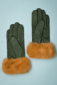 Powder - 50s Bettina Faux Fur Suedine Gloves in Olive and Mustard 3