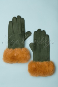 Powder - 50s Bettina Faux Fur Suedine Gloves in Olive and Mustard 2