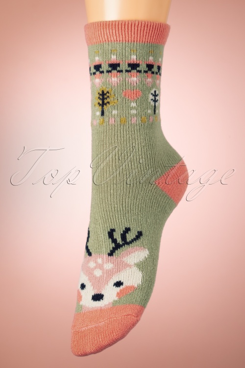 Powder - Süße Deer Knitted Socken in Oliv