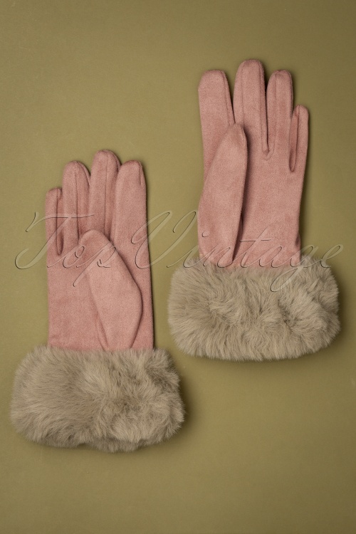 Powder - 50s Bettina Faux Fur Suedine Gloves in Petal and Beige 3