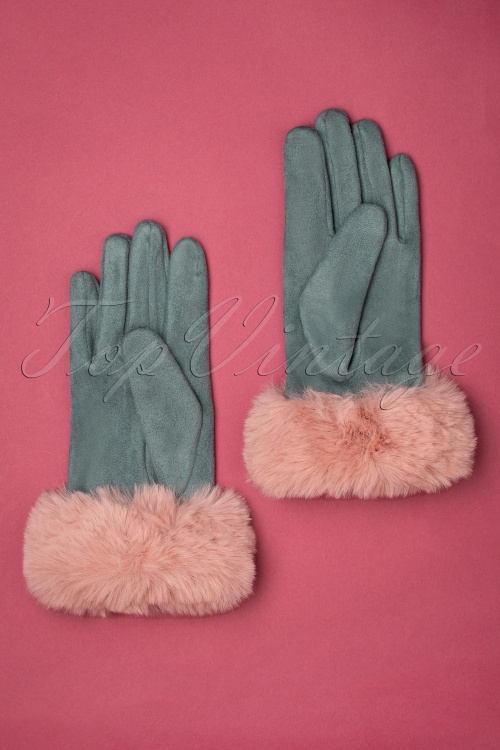 Powder - 50s Bettina Faux Fur Suedine Gloves in Denim and Petal 3