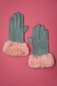 Powder - 50s Bettina Faux Fur Suedine Gloves in Denim and Petal 2