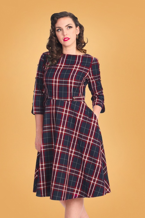 Banned Retro - 40s Chic Check Swing Dress in Navy