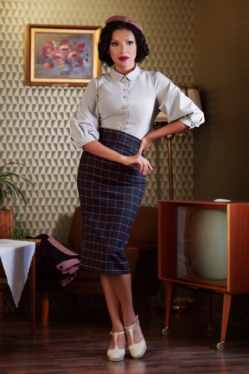 Miss Candyfloss - 50s Kantana Lee Tartan Wiggle Skirt in Navy and Lilac