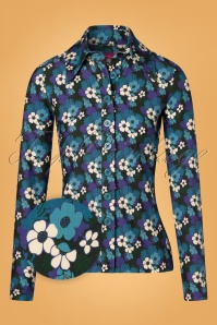 Tante Betsy - 60s Tropical Forest Button Blouse in Blue