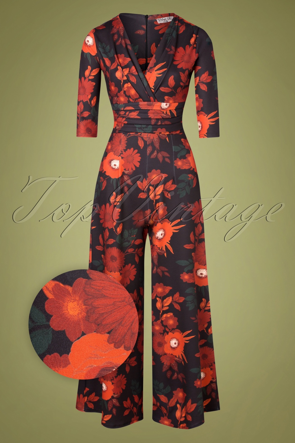 Vintage Chic for TopVintage 70s Liana Floral Jumpsuit in Black and Orange