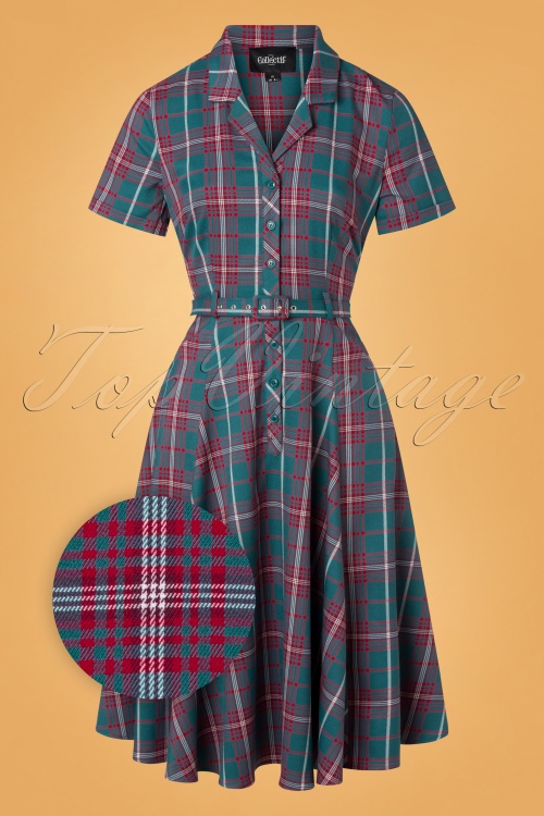Collectif Clothing - Caterina Lake Check Swing Dress Années 50 en Bleu Sarcelle 2