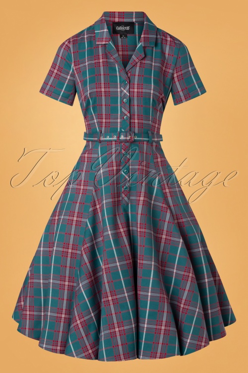 Collectif Clothing - Caterina Lake geruite swing jurk in teal 3