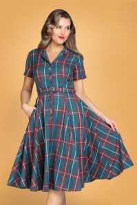 Collectif Clothing - Caterina Lake Check Swing Dress Années 50 en Bleu Sarcelle