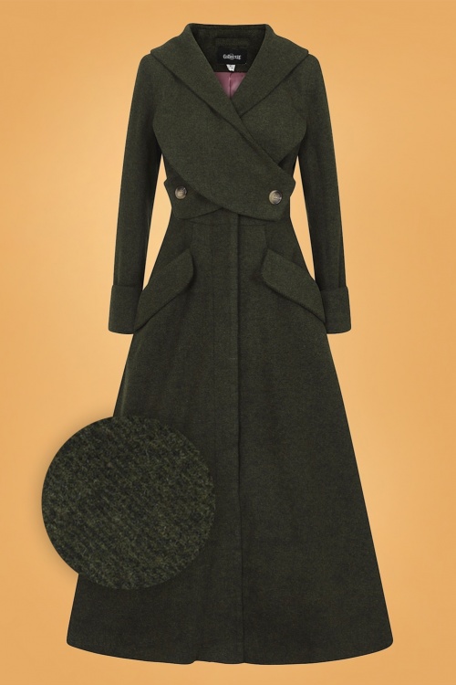 Collectif Clothing - September Double Wrap Coat Années 50 en Vert Olive