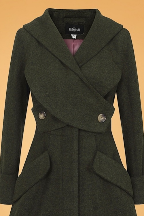 Collectif Clothing - September Double Wrap Coat Années 50 en Vert Olive 3