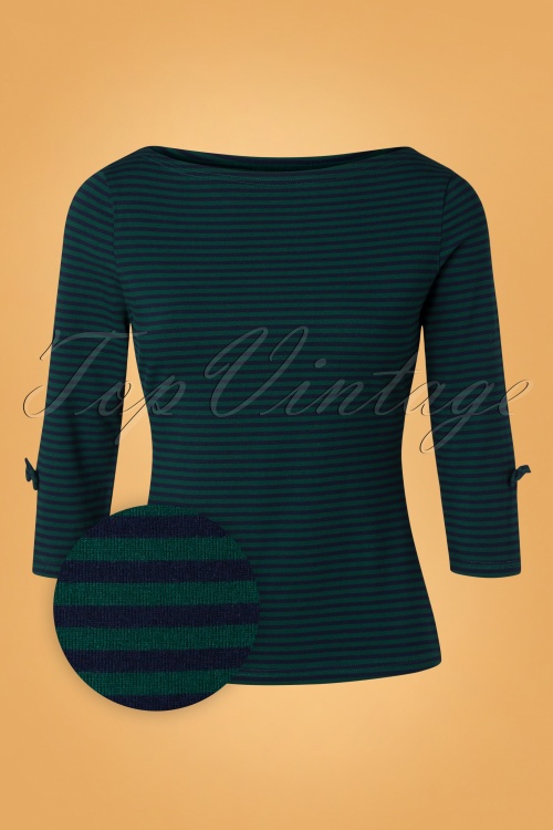 Banned Retro - 50s Merry Xmas Stripe Top in Green and Navy 2