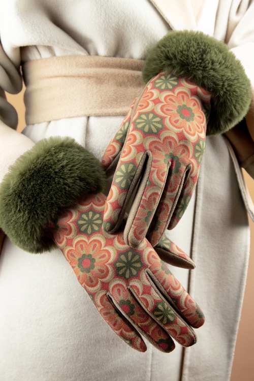 Powder - Bernadette Floral Faux Fur Suedine Gloves Années 70 en Olive