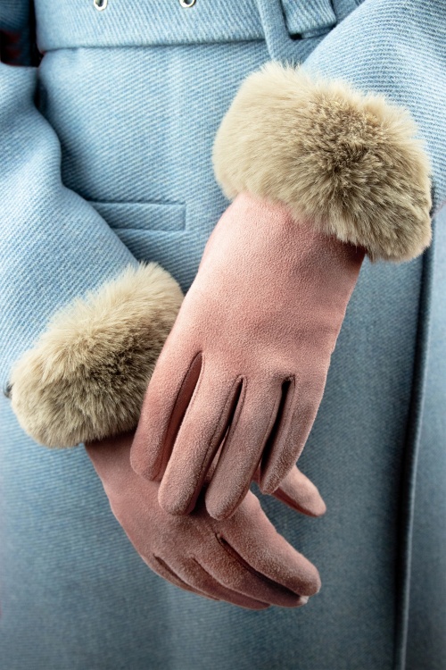 Powder - 50s Bettina Faux Fur Suedine Gloves in Petal and Beige
