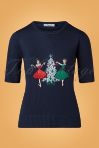 Banned Retro - 50s Vintage Christmas Holiday Jumper in Navy