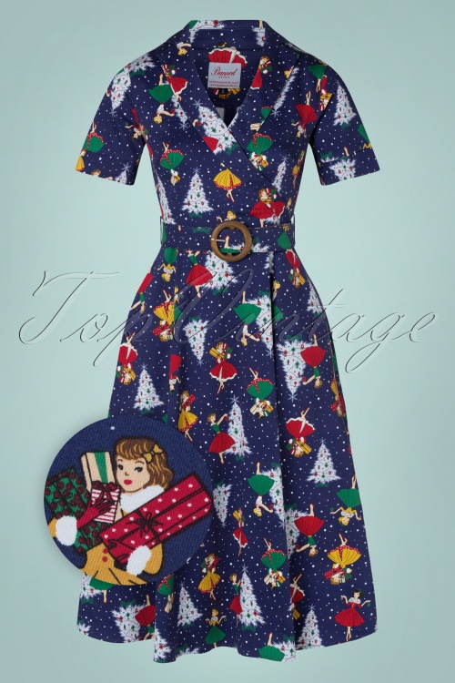 Banned Retro - 50s Vintage Christmas Swing Dress in Navy