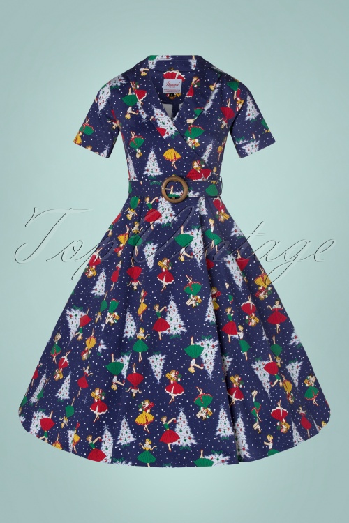 Banned Retro - 50s Vintage Christmas Swing Dress in Navy 2