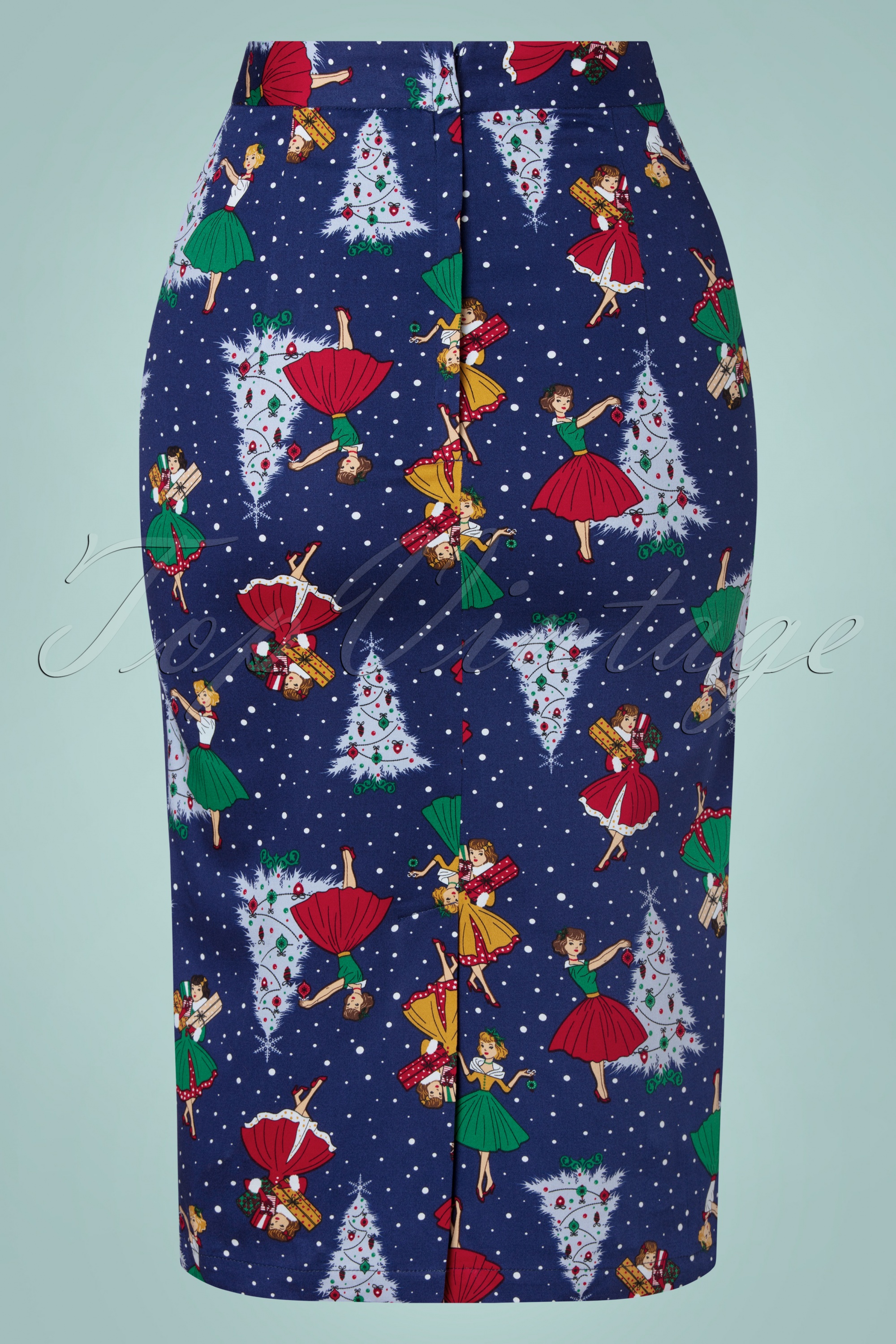 Banned Retro - Vintage christmas pencil rok in marineblauw 2