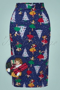Banned Retro - 50s Vintage Christmas Pencil Skirt in Navy