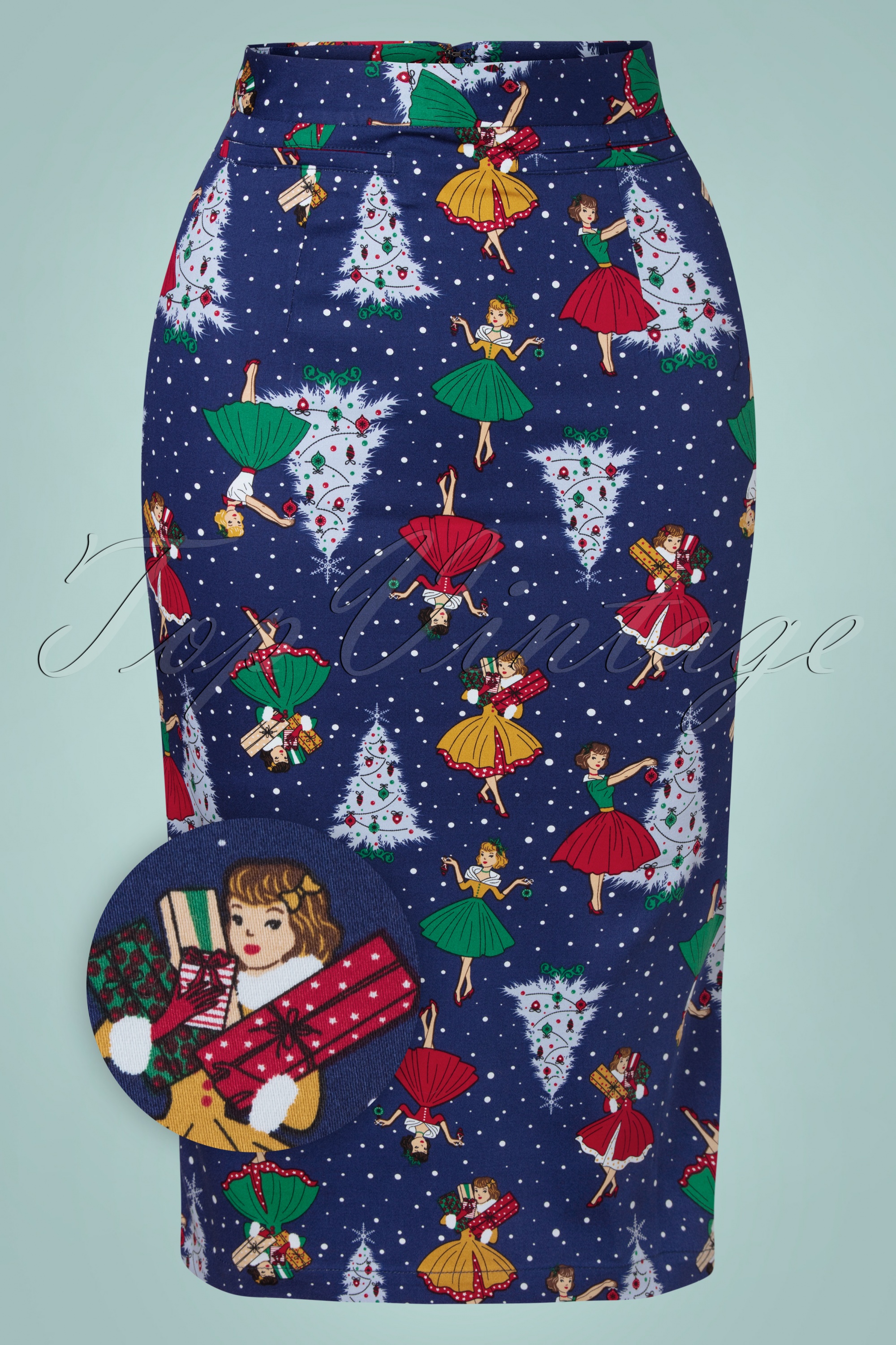 Banned Retro - Vintage christmas pencil rok in marineblauw