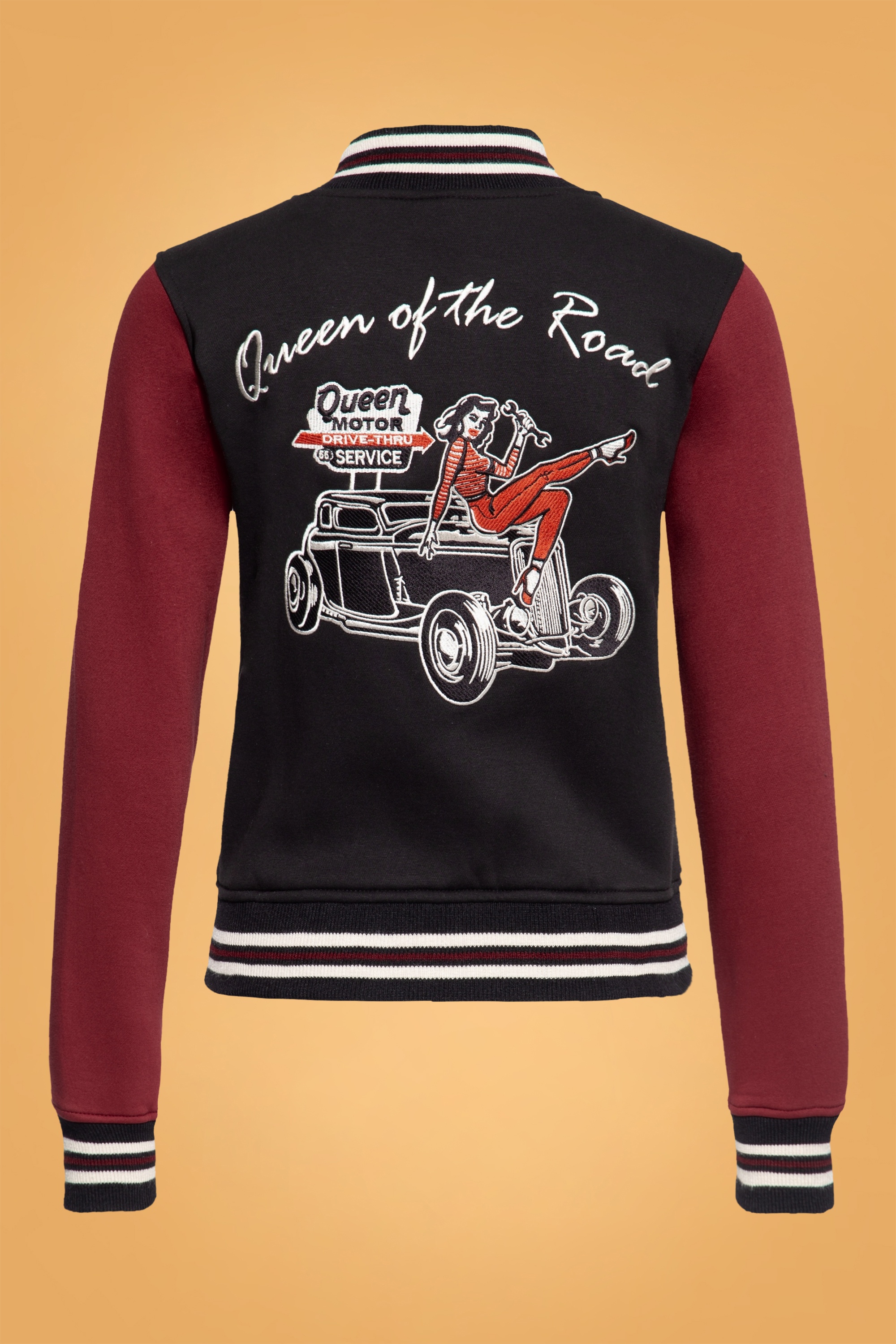 Queen Kerosin Queen Of The Road College Sweatjacke in Schwarz und Rot ...
