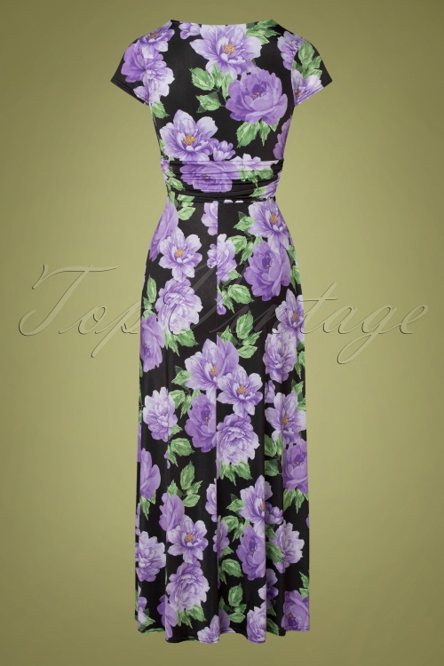 Vintage Chic for Topvintage - Maribelle Floral Kurzarm Maxi Kleid in Schwarz und Flieder 4