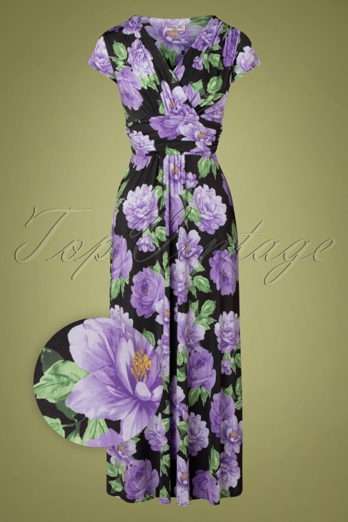 Vintage Chic for Topvintage - Maribelle Floral Kurzarm Maxi Kleid in Schwarz und Flieder
