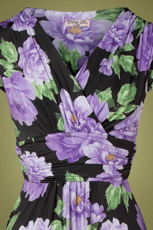 Vintage Chic for Topvintage - 50s Maribelle Floral Short Sleeve Maxi Dress in Black and Lilac 2