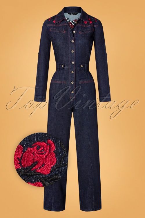 Queen Kerosin - Western Roses jumpsuit in donkerblauw