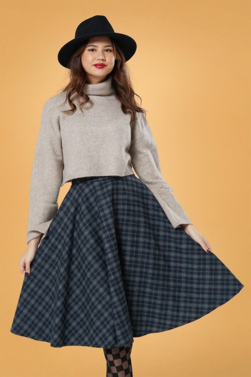 Timeless - 40s Sophie Wool Check Skirt in Blue Ink 2