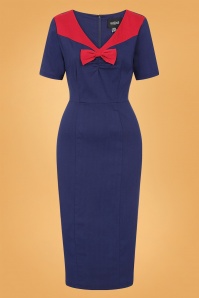 Collectif Clothing - Margret Pencil Dress Années 50 en Bleu Marine