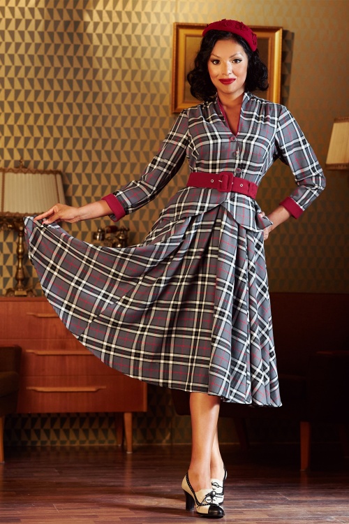 Miss Candyfloss - 50s Karin Abalone Sophisticated Swing Dress in Check Grey