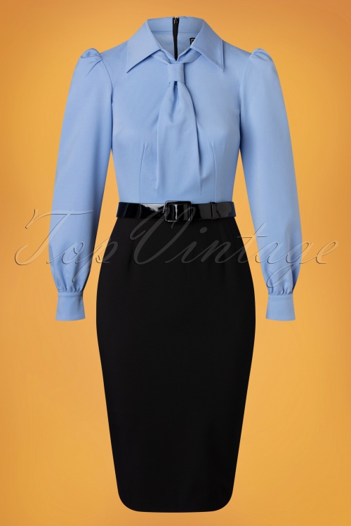 Glamour Bunny Business Babe - Hayworth Pencil Dress in Sky Blue and Black 4
