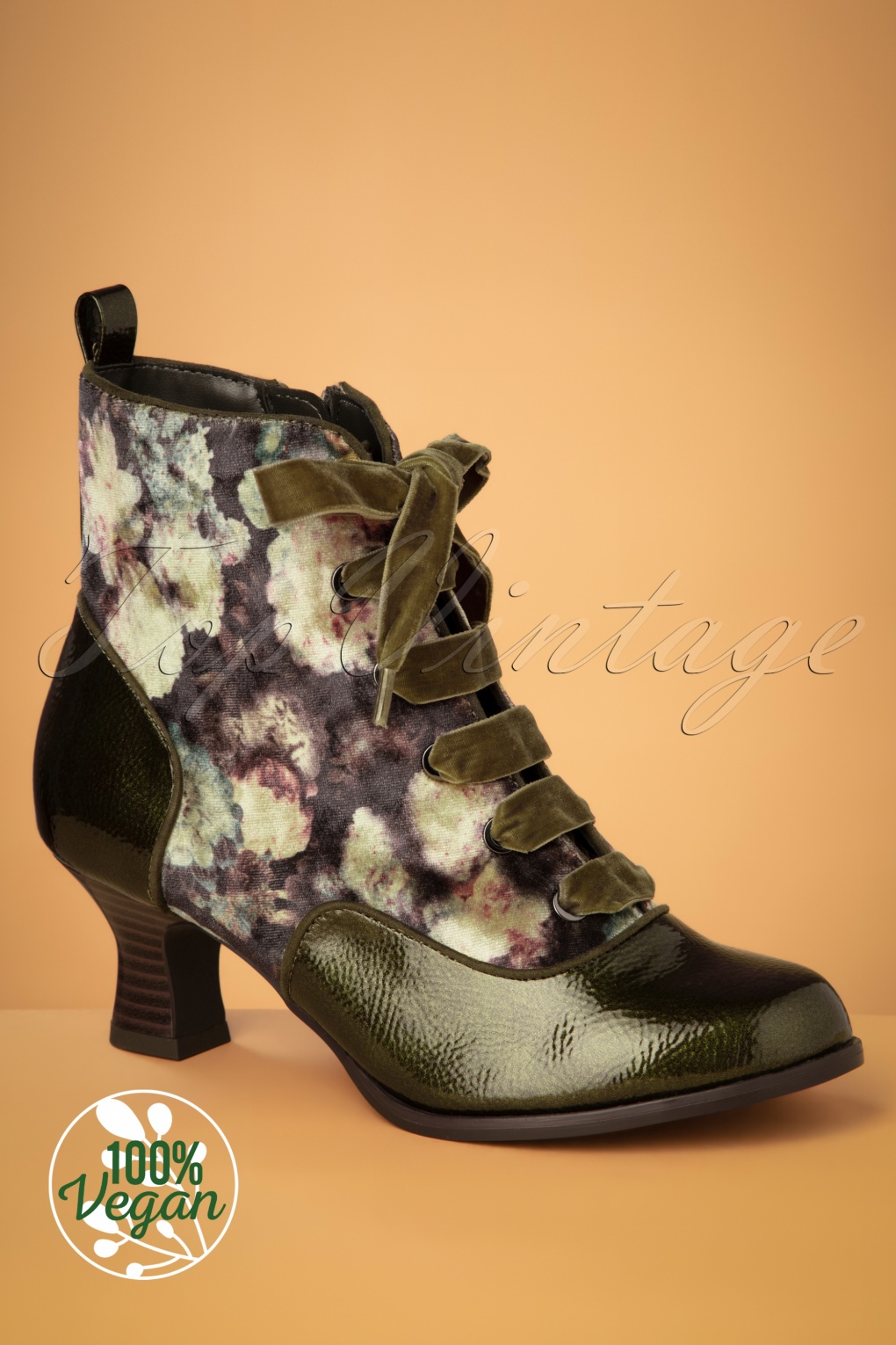 40s Beth Floral Booties in Olive Green