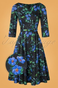 Hearts & Roses - Blue Flax Flowers Swing Dress Années 50 en Noir et Bleu 2