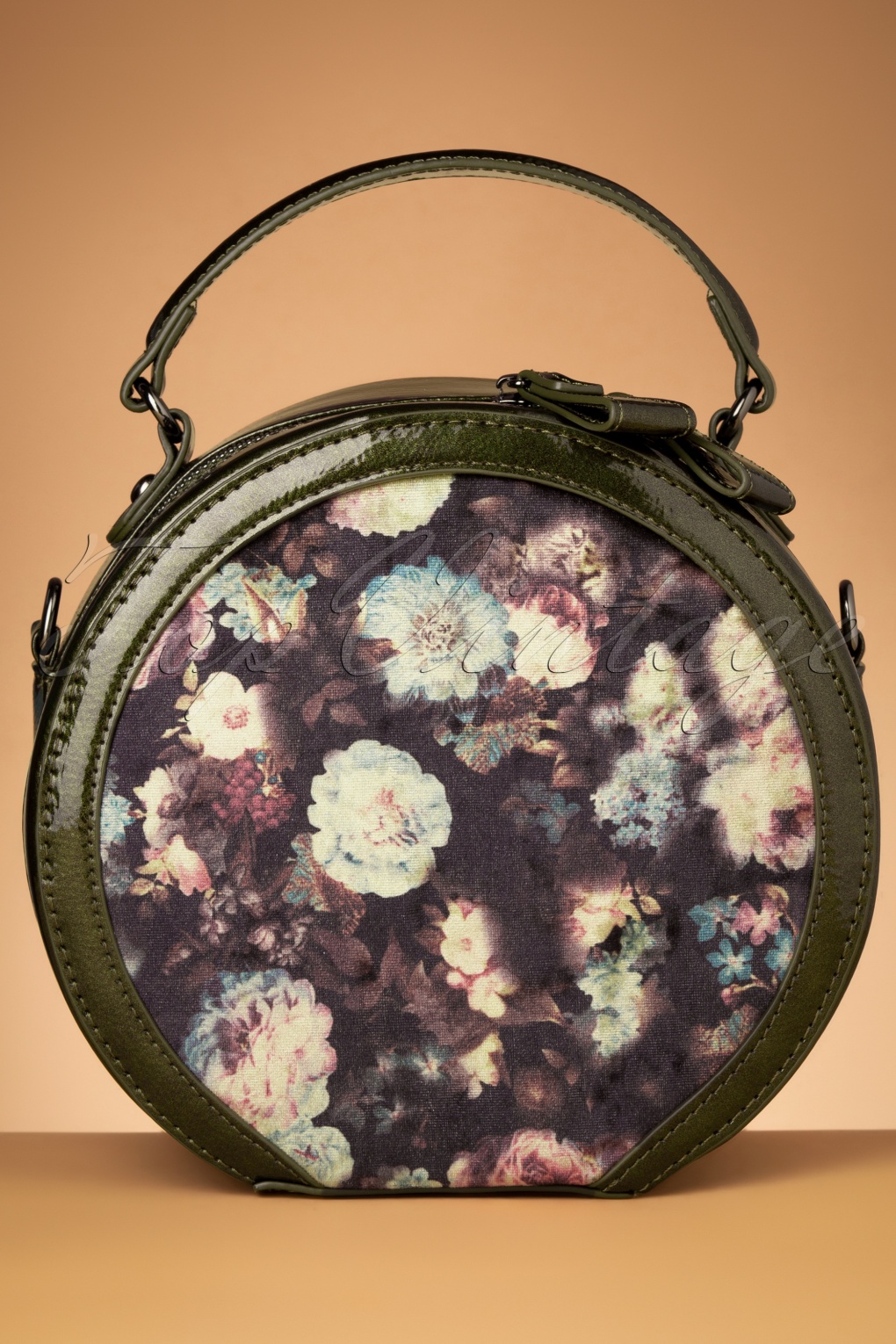 50s Alberta Floral Round Handbag in Olive Green