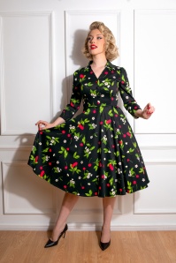 Hearts & Roses - Natasha Cherry Swing Dress Années 50 en Noir