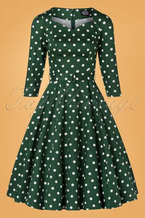 Hearts & Roses - 50s Olivia Swing Polkadot Dress in Green and White  4