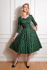 Hearts & Roses - 50s Olivia Swing Polkadot Dress in Green and White  2