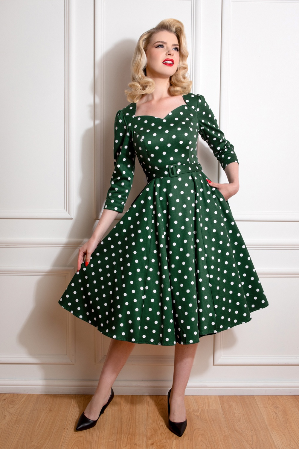 50s Olivia Swing Polkadot Dress in Green and White