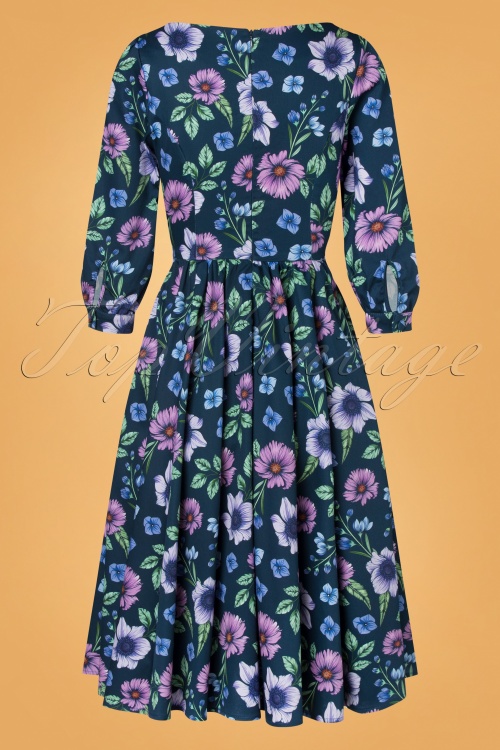 Hearts & Roses - 50s Maeve Floral Swing Dress in Blue 6