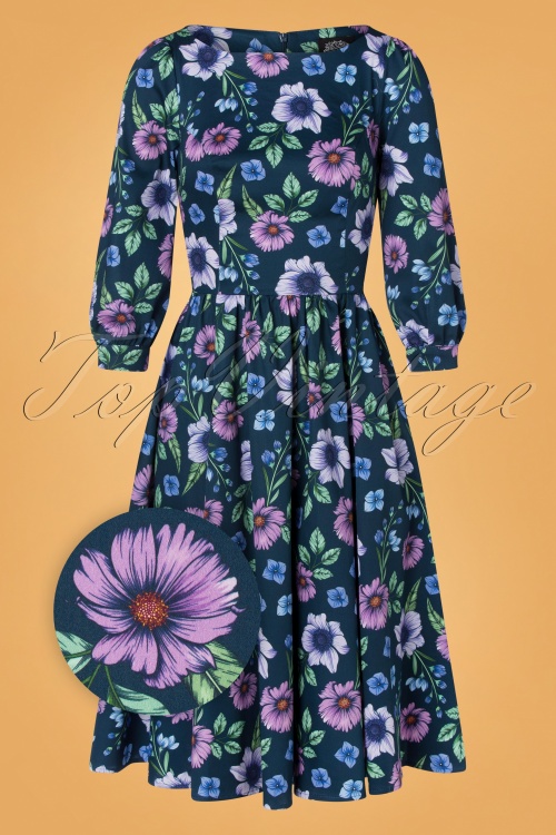 Hearts & Roses - 50s Maeve Floral Swing Dress in Blue 2